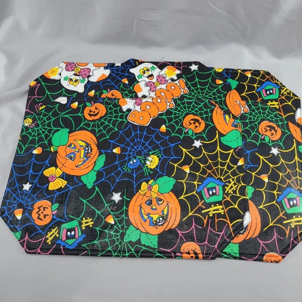 4 Halloween Vinyl Placemat Black Jack o Lantern Pumpkin Ghost Spider Web Vtg